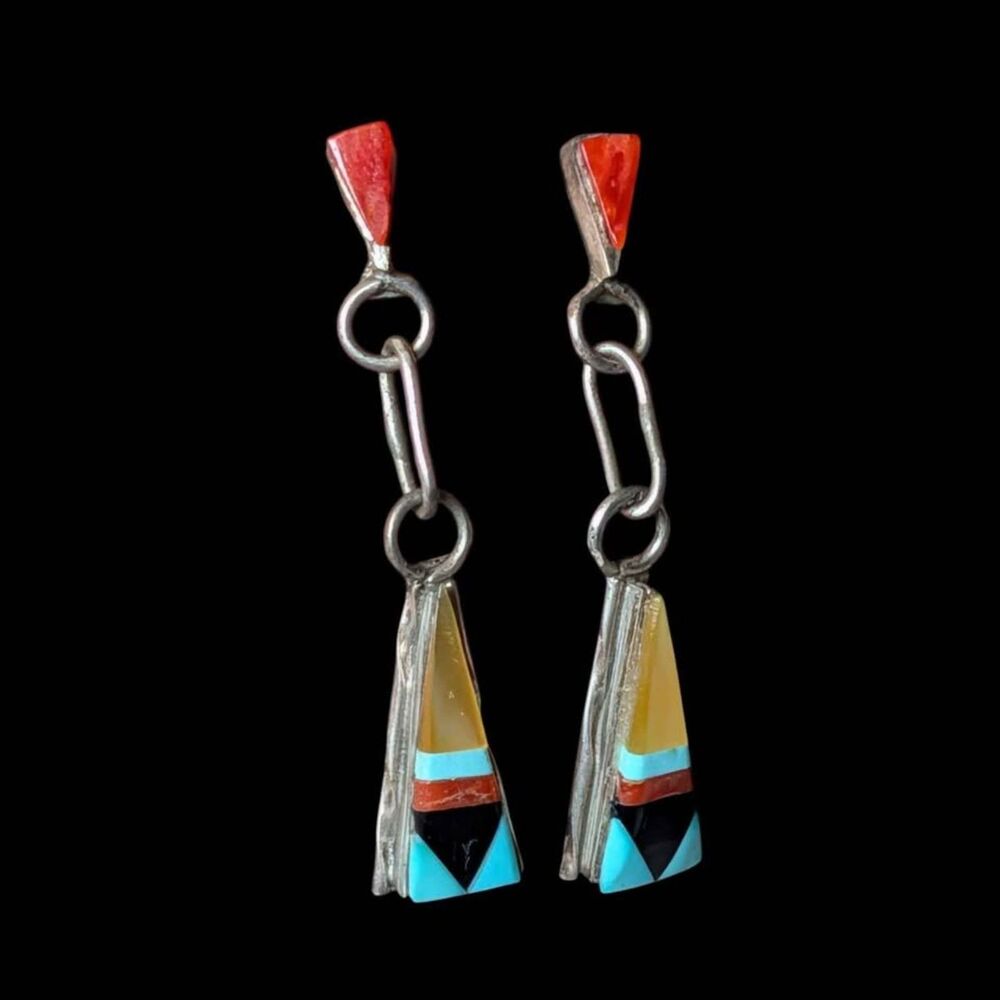 Vintage Zuni Sterling Silver Multi-Stone Inlay Dangle Earrings .925